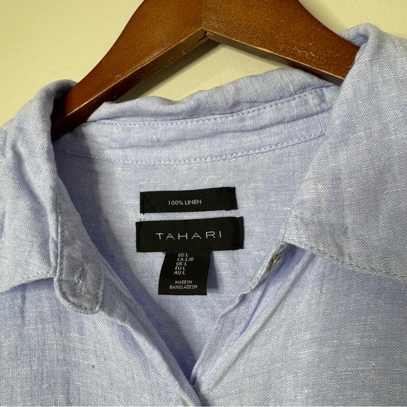 Tahari Blue 100% Linen Button Front Tie Belt Shirt Dress Coastal Cover-up Large - Picture 5 of 10